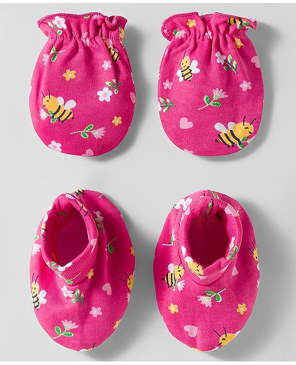 Babyhug 100% Cotton Mittens & Booties Set With Floral Print - Pink