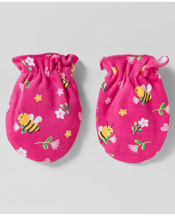 Babyhug 100% Cotton Mittens & Booties Set With Floral Print - Pink