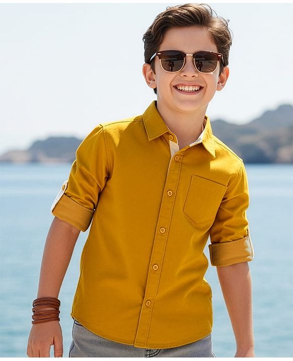 Pine Kids Cotton Woven Full Sleeves Solid Shirt - Dark Yellow