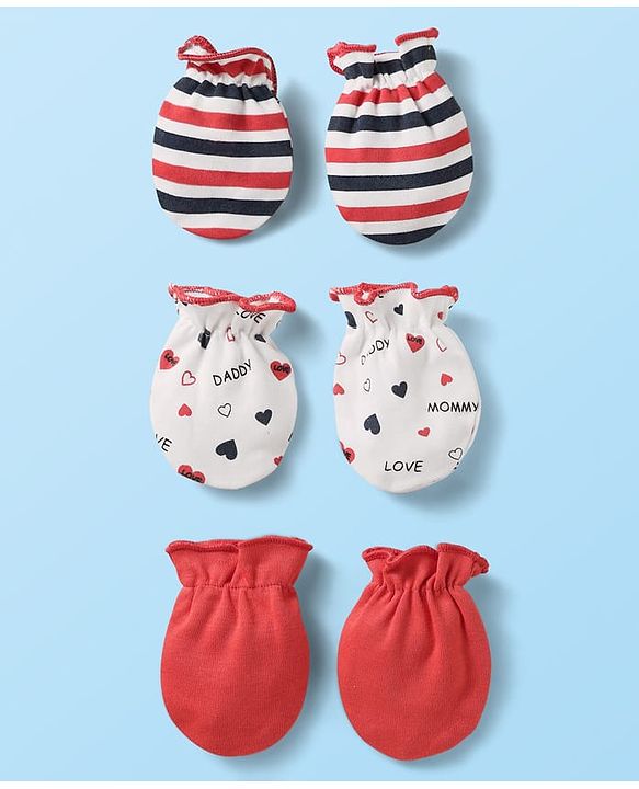 Babyhug 100% Cotton Knit Mittens with Heart Print & Stripes Pack of 3 - Red & White