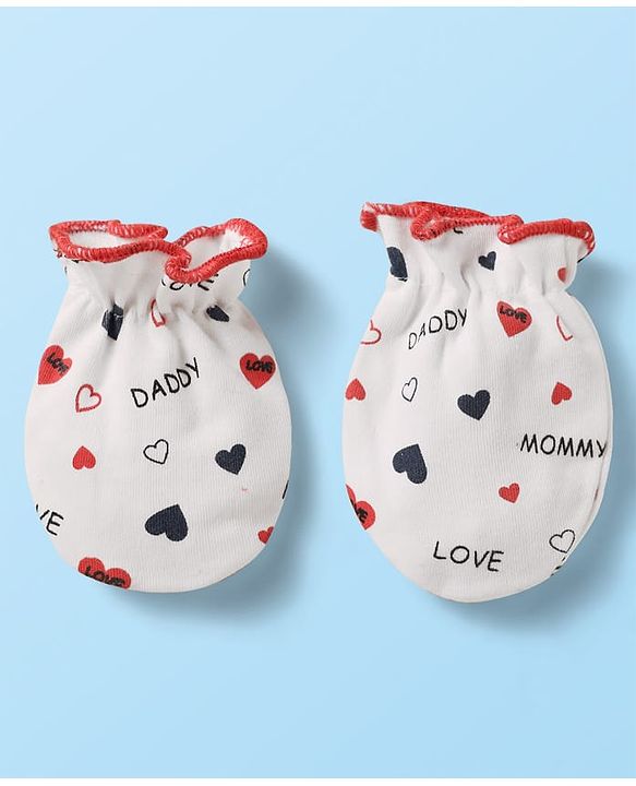 Babyhug 100% Cotton Knit Mittens with Heart Print & Stripes Pack of 3 - Red & White