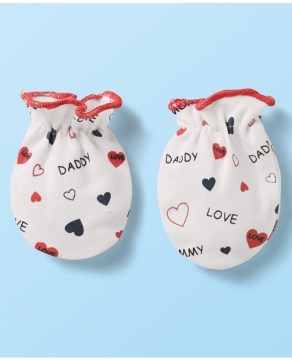 Babyhug 100% Cotton Knit Mittens with Heart Print & Stripes Pack of 3 - Red & White