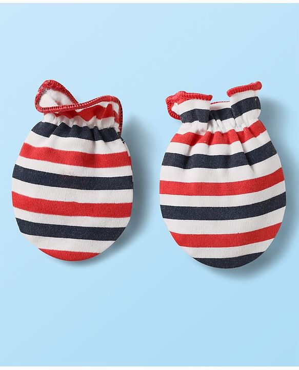 Babyhug 100% Cotton Knit Mittens with Heart Print & Stripes Pack of 3 - Red & White