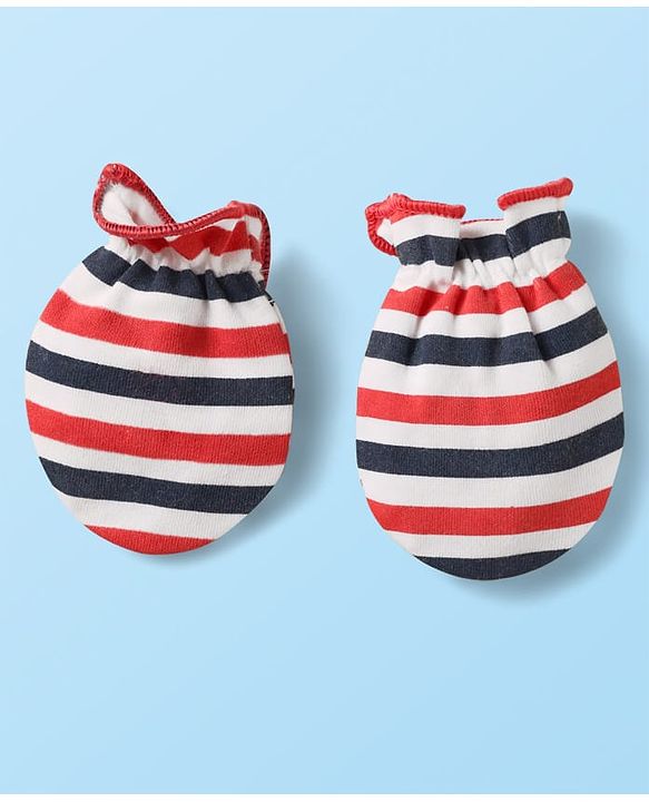 Babyhug 100% Cotton Knit Mittens with Heart Print & Stripes Pack of 3 - Red & White
