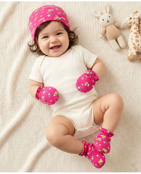 Babyhug 100% Cotton Interlock Knit Cap Mittens & Booties Set With Floral Print Pink - Diameter 28 cm