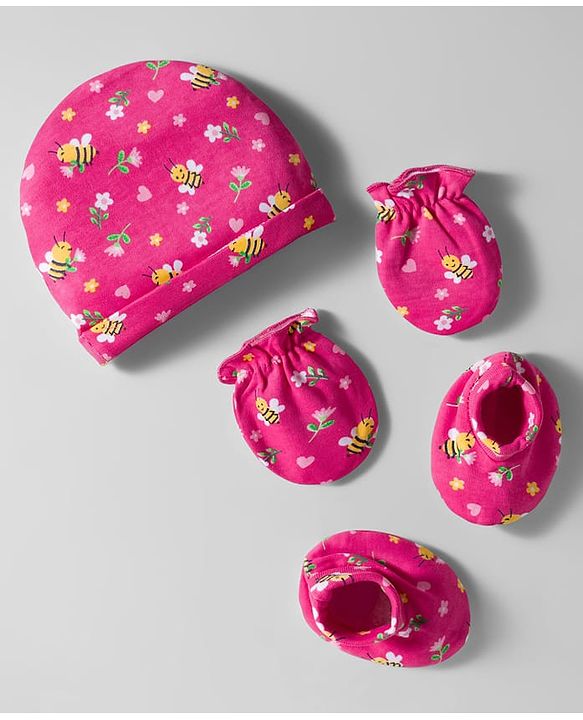Babyhug 100% Cotton Interlock Knit Cap Mittens & Booties Set With Floral Print Pink - Diameter 28 cm