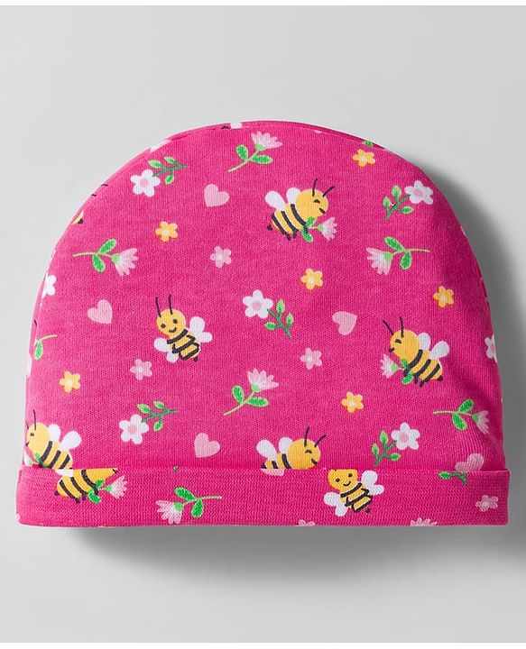 Babyhug 100% Cotton Interlock Knit Cap Mittens & Booties Set With Floral Print Pink - Diameter 28 cm