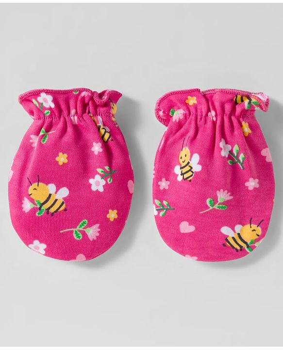Babyhug 100% Cotton Interlock Knit Cap Mittens & Booties Set With Floral Print Pink - Diameter 28 cm
