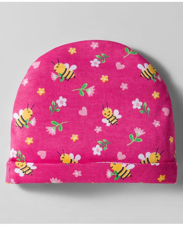 Babyhug 100% Cotton Interlock Knit Cap Mittens & Booties Set With Floral Print Pink - Diameter 28 cm