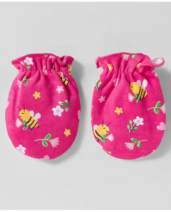 Babyhug 100% Cotton Interlock Knit Cap Mittens & Booties Set With Floral Print Pink - Diameter 28 cm