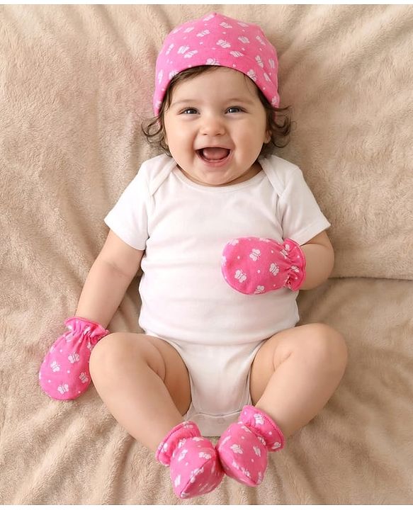 Babyhug 100% Cotton Knit Cap Mittens & Booties With Butterfly Print Pink - Circumference 28 cm