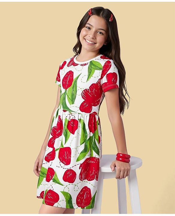 Pine Kids Cotton Knit Half Sleeves Frock With Floral Print - White