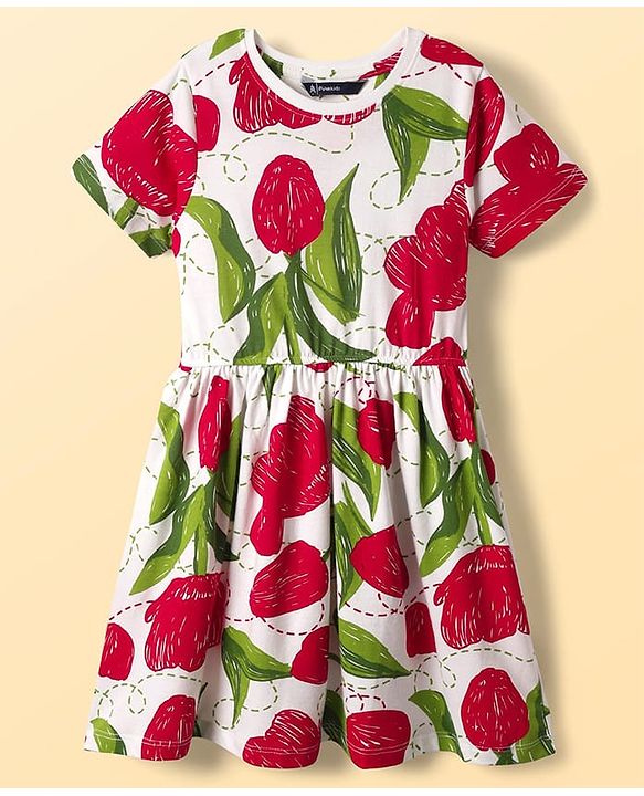 Pine Kids Cotton Knit Half Sleeves Frock With Floral Print - White