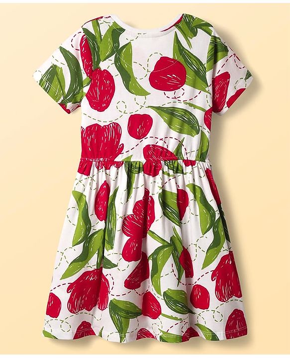 Pine Kids Cotton Knit Half Sleeves Frock With Floral Print - White