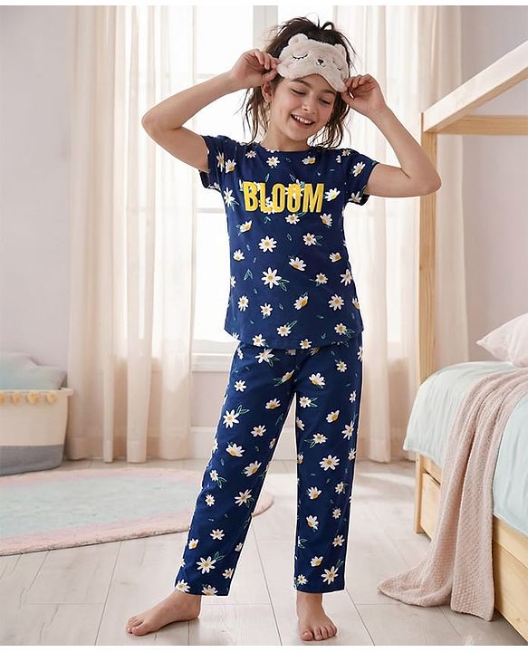 Pine Kids Single Jersey Knit Half Sleeves Co-ords Night Suit with Floral Print - Navy Blue