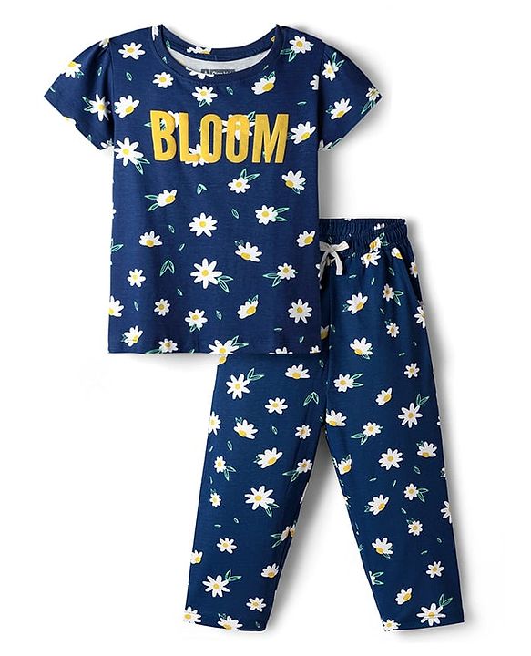 Pine Kids Single Jersey Knit Half Sleeves Co-ords Night Suit with Floral Print - Navy Blue