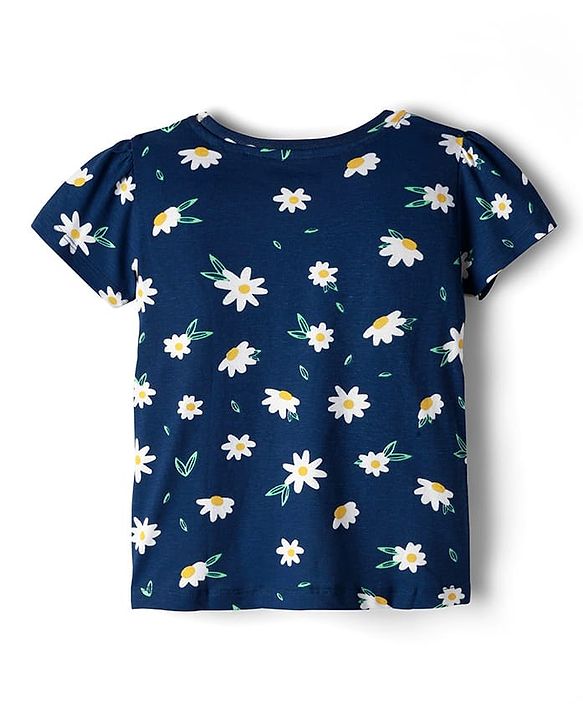 Pine Kids Single Jersey Knit Half Sleeves Co-ords Night Suit with Floral Print - Navy Blue
