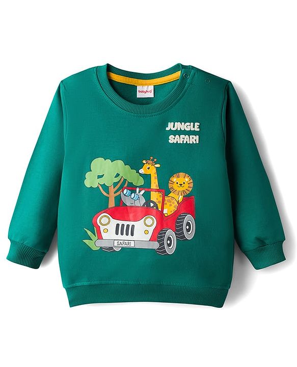 Babyhug Cotton Knit Full Sleeves Sweatshirt Animal Graphics - Dark Green