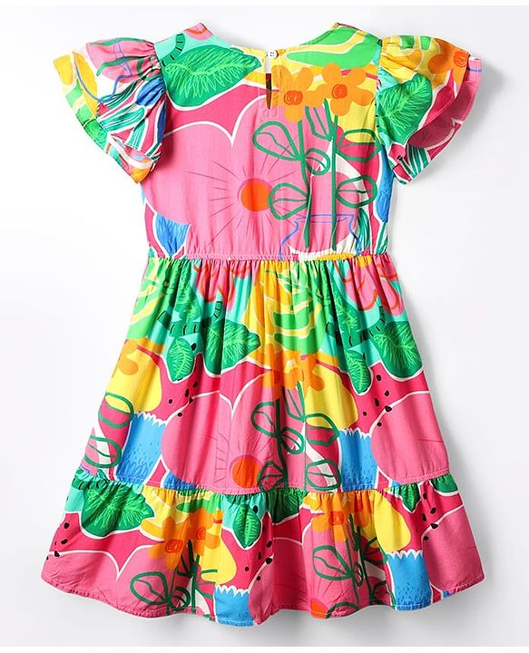 Pine Kids Viscose Woven Flutter Sleeves Frock With Floral Print - Dark Pink & Orange