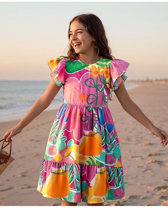 Pine Kids Viscose Woven Flutter Sleeves Frock With Floral Print - Dark Pink & Orange