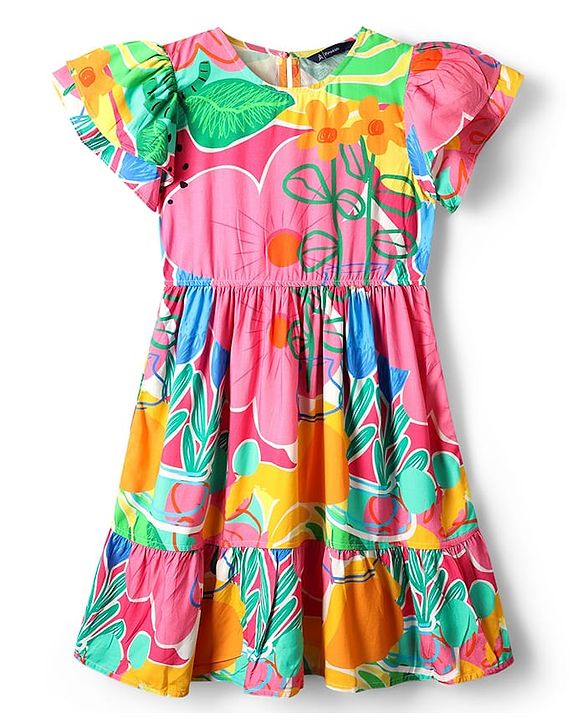 Pine Kids Viscose Woven Flutter Sleeves Frock With Floral Print - Dark Pink & Orange