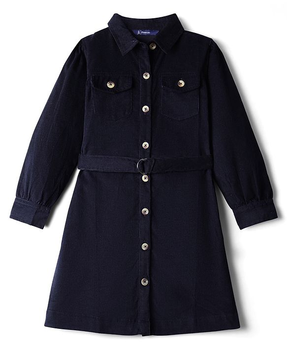 Pine Kids Corduroy Woven Full Sleeves Solid Color Shirt Dress with Belt - Navy Blue