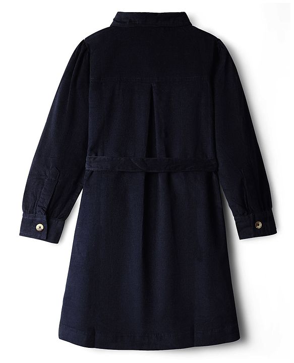 Pine Kids Corduroy Woven Full Sleeves Solid Color Shirt Dress with Belt - Navy Blue