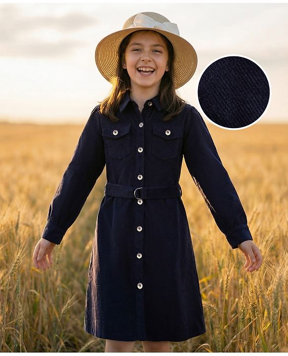 Pine Kids Corduroy Woven Full Sleeves Solid Color Shirt Dress with Belt - Navy Blue