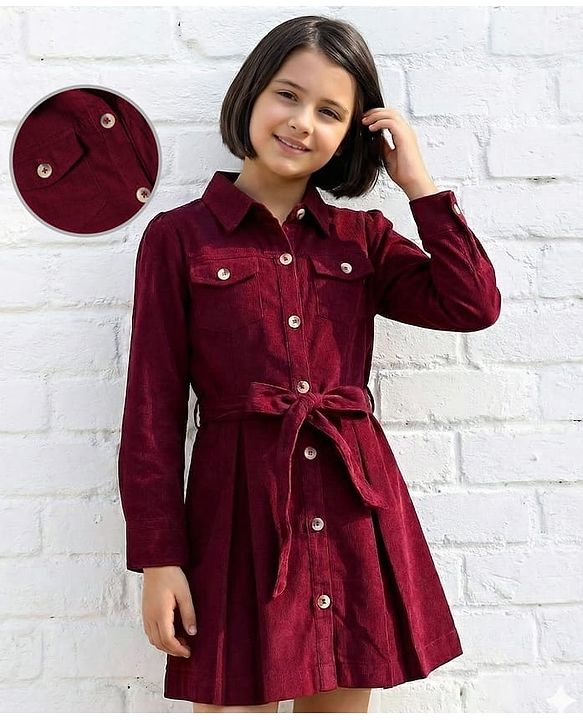 Pine Kids Corduroy Woven Full Sleeves Solid Color Shirt Dress with Belt - Maroon