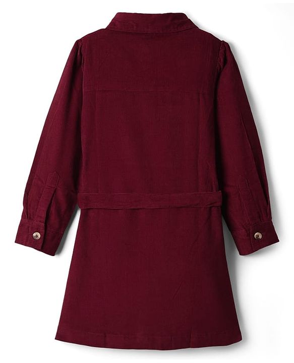 Pine Kids Corduroy Woven Full Sleeves Solid Color Shirt Dress with Belt - Maroon