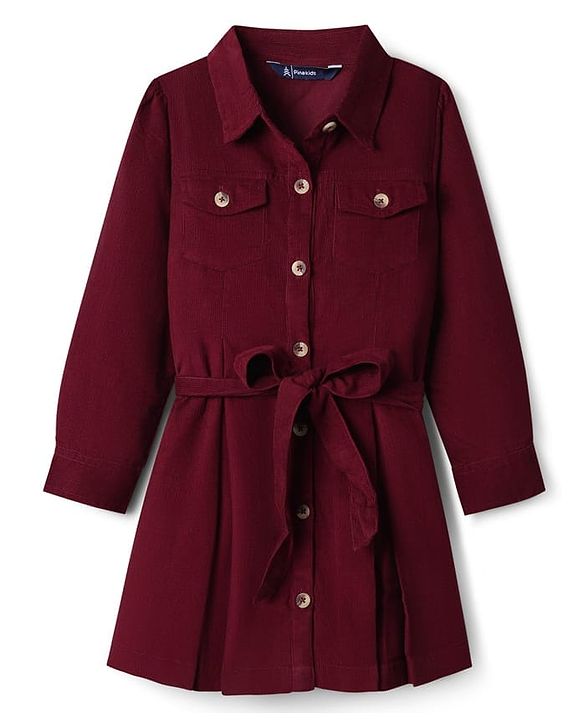 Pine Kids Corduroy Woven Full Sleeves Solid Color Shirt Dress with Belt - Maroon