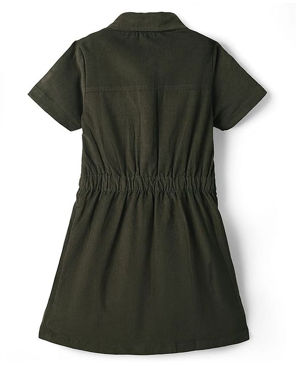 Pine Kids Corduroy Woven Half Sleeves Solid Color Shirt Dress - Olive Green