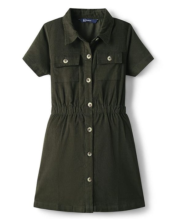 Pine Kids Corduroy Woven Half Sleeves Solid Color Shirt Dress - Olive Green