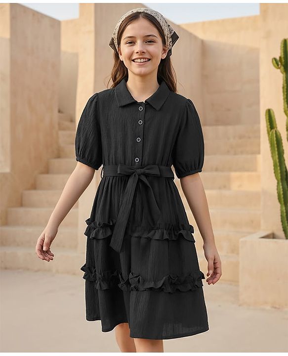 Pine Kids Woven Half Sleeves Frock & Belt With Frills - Black