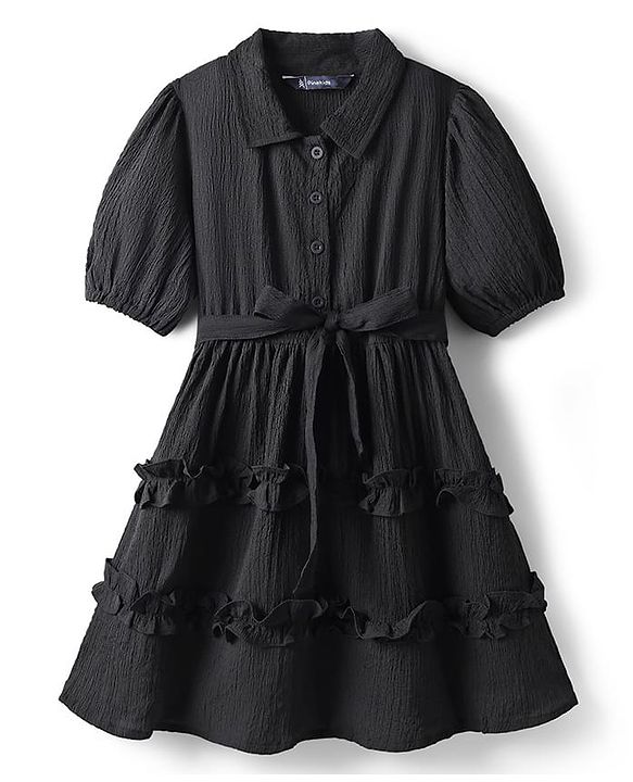 Pine Kids Woven Half Sleeves Frock & Belt With Frills - Black