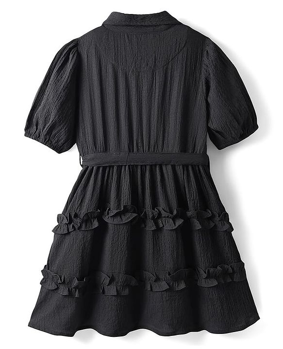 Pine Kids Woven Half Sleeves Frock & Belt With Frills - Black