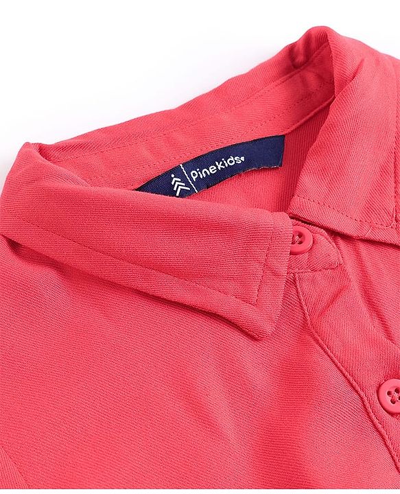Pine Kids Twill Woven Half Sleeves Solid Colour Shirt Dress With Collar - Red