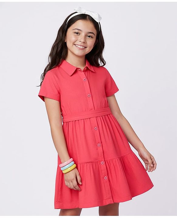 Pine Kids Twill Woven Half Sleeves Solid Colour Shirt Dress With Collar - Red