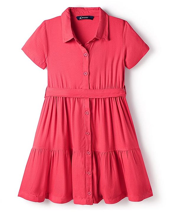 Pine Kids Twill Woven Half Sleeves Solid Colour Shirt Dress With Collar - Red