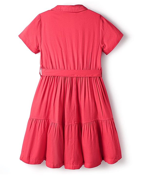 Pine Kids Twill Woven Half Sleeves Solid Colour Shirt Dress With Collar - Red