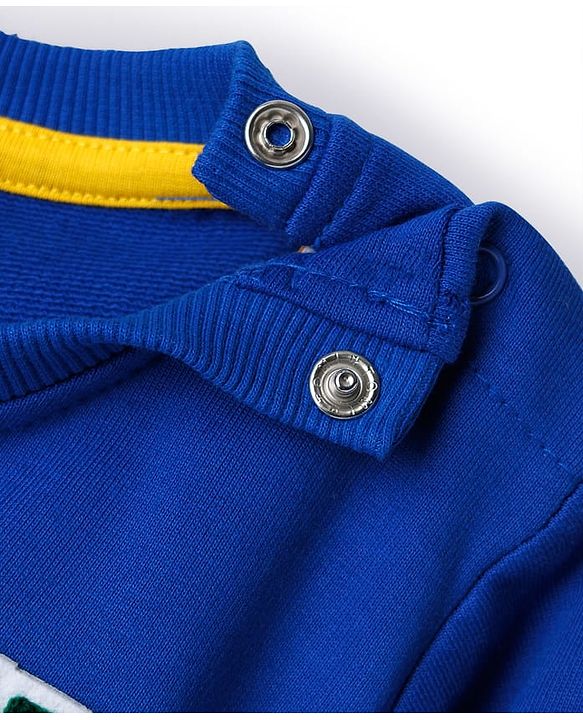 Babyhug Cotton Knit Full Sleeves Sweatshirt With Text Patch & Kangaroo Pockets - Blue