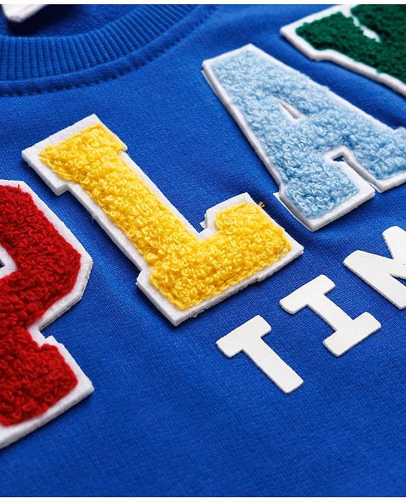 Babyhug Cotton Knit Full Sleeves Sweatshirt With Text Patch & Kangaroo Pockets - Blue