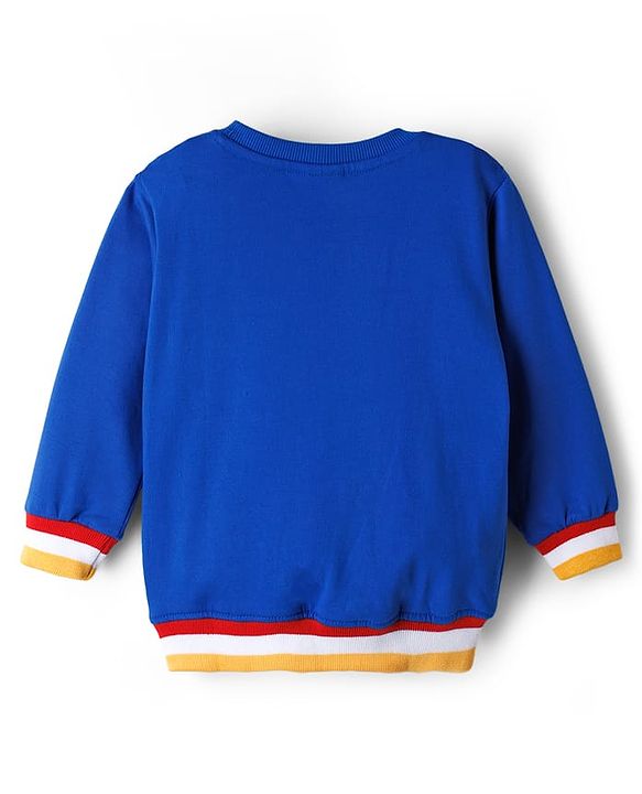 Babyhug Cotton Knit Full Sleeves Sweatshirt With Text Patch & Kangaroo Pockets - Blue