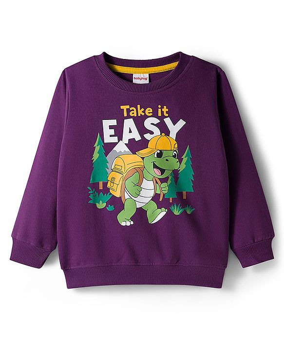 Babyhug Cotton Knit Full Sleeves Pullover Sweatshirt with Dino Print - Purple