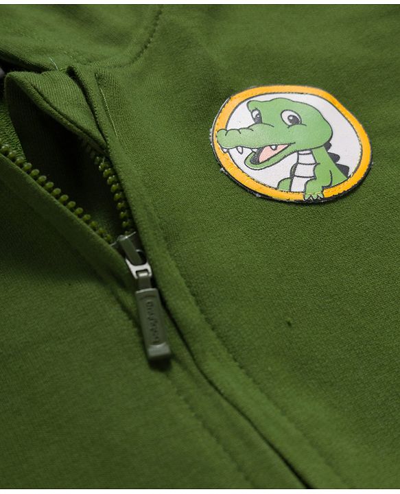 Babyhug Cotton Knit Full Sleeves Hooded Sweatjacket With Dino Patch & Kangaroo Pockets - Green
