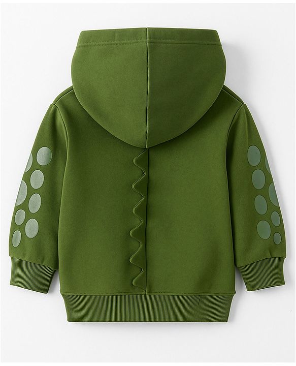 Babyhug Cotton Knit Full Sleeves Hooded Sweatjacket With Dino Patch & Kangaroo Pockets - Green