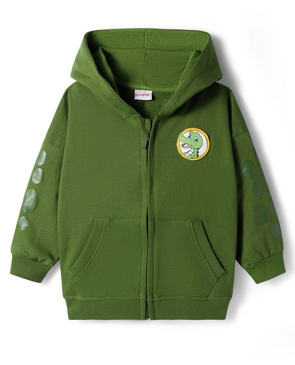 Babyhug Cotton Knit Full Sleeves Hooded Sweatjacket With Dino Patch & Kangaroo Pockets - Green