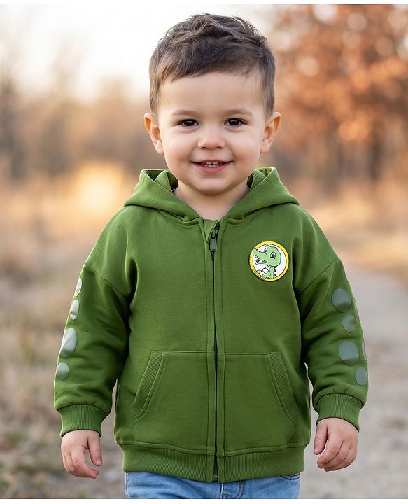 Babyhug Cotton Knit Full Sleeves Hooded Sweatjacket With Dino Patch & Kangaroo Pockets - Green