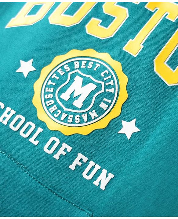 Babyhug Cotton Knit Full Sleeves Sweatshirt with Boston Text Graphics & Kangaroo Pockets - Turquoise
