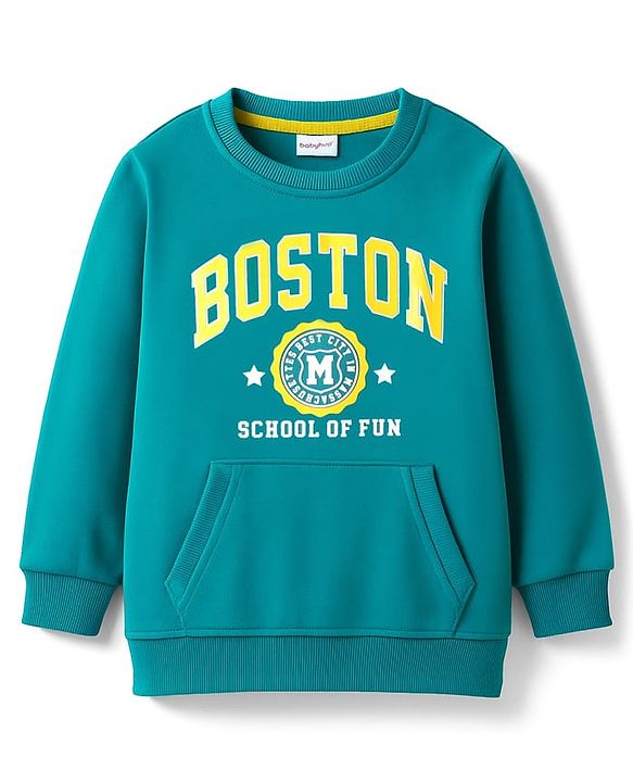 Babyhug Cotton Knit Full Sleeves Sweatshirt with Boston Text Graphics & Kangaroo Pockets - Turquoise